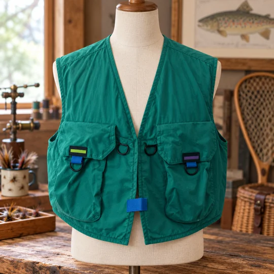 Green Nomad multi-pocket fly fishing vest with mesh lining, front D-rings and large zipped rear storage pocket.
