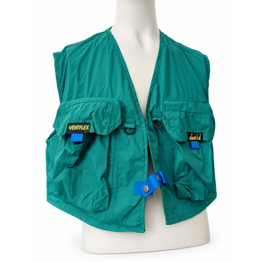 Green Nomad multi-pocket fly fishing vest with mesh lining, front D-rings and large zipped rear storage pocket.