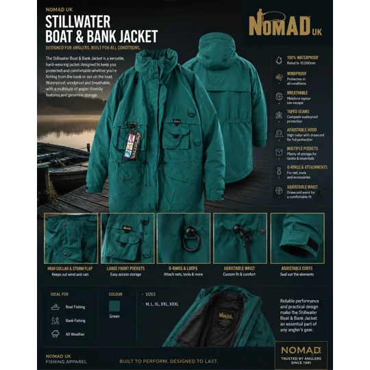 NomadUK Stillwater Boat and Bank Fishing Jacket in green with large tackle pockets and D-ring attachments