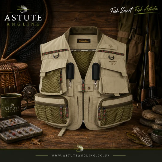 Snowbee Geo Fishing Vest with multiple storage pockets and breathable mesh design for fly fishing and general angling.