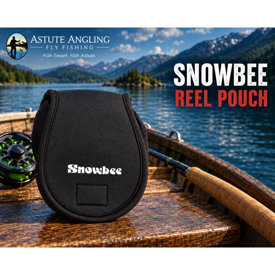 Black Snowbee reel pouch displayed on a wooden boat seat, with a scenic loch and mountains behind, in the Astute Angling Fly Fishing template.