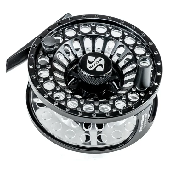 Black fly reel, with clear spool in the Astute Angling Fly Fishing template.