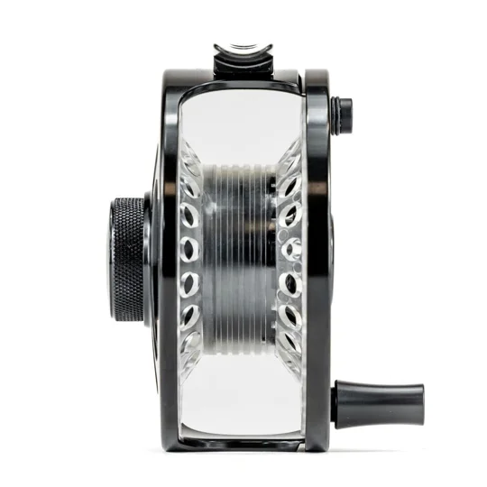 Black fly reel, with clear spool in the Astute Angling Fly Fishing template.