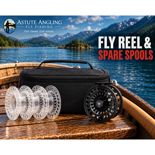 Black fly reel, four clear spare spools and zipped carry case displayed on a wooden boat seat, in the Astute Angling Fly Fishing template.
