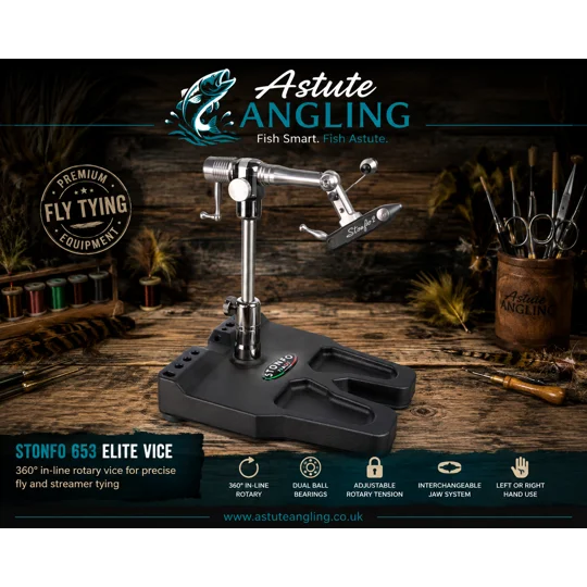 Stonfo 653 Elite 360 degree rotary fly tying vice with pedestal base