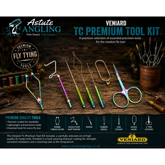 Veniard TC Premium Fly Tying Tool Kit with titanium coated scissors, bobbin holder, hackle pliers and precision fly tying tools