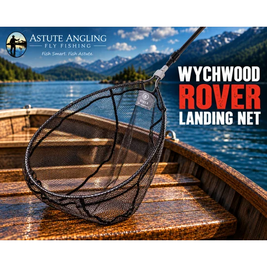 Wychwood Rover landing net with black mesh and dark handle resting on a wooden boat seat, with a loch and mountains behind, in the Astute Angling Fly Fishing template.