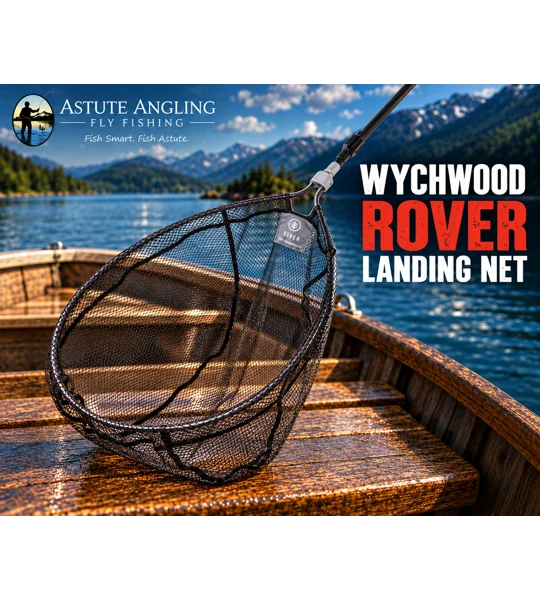 Wychwood Rover landing net with black mesh and dark handle resting on a wooden boat seat, with a loch and mountains behind, in the Astute Angling Fly Fishing template.
