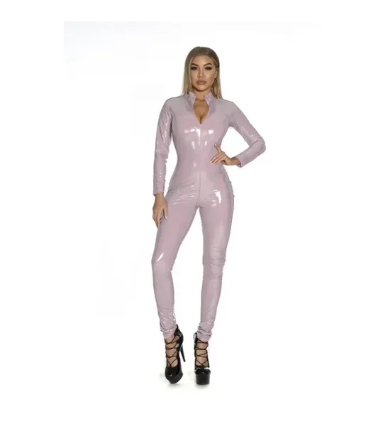 Sexy Hot Women Faux Leather Catsuit PVC Latex Bodysuit Front Zipper