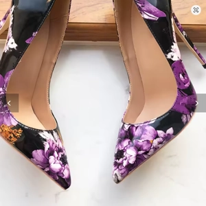 Tikicup Purple Flower Print Women Glossy Patent Pointy Toe