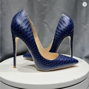 Tikicup Sexy Navy Blue Croc-Effect Women Pointed Toe 12cm High Heels