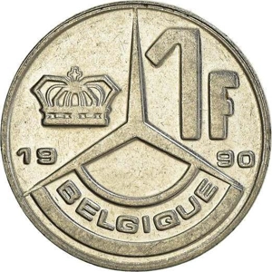 Belgium 1 franc,  (Belgique) 1990
