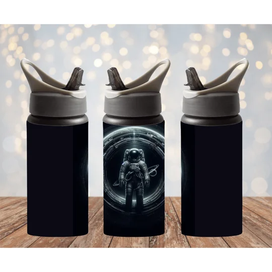 The astronaut in the image is depicted standing in front of a circular object, which adds a sense of mystery and wonder to the scene.