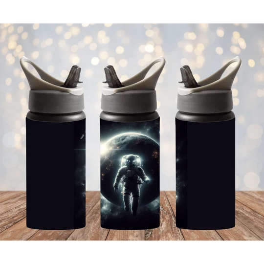 Introducing our space-themed aluminium drink bottle featuring an astronaut standing in front of the moon.
