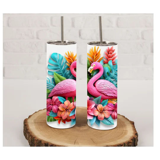 This 20oz white tumbler features a stunning design of two pink flamingos surrounded by vibrant tropical leaves and flowers
