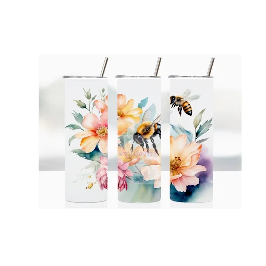 Introducing 'Nectar Canvas' our exquisite 20oz Skinny Tumbler featuring a captivating painting of bees and flowers on a pristine white background.