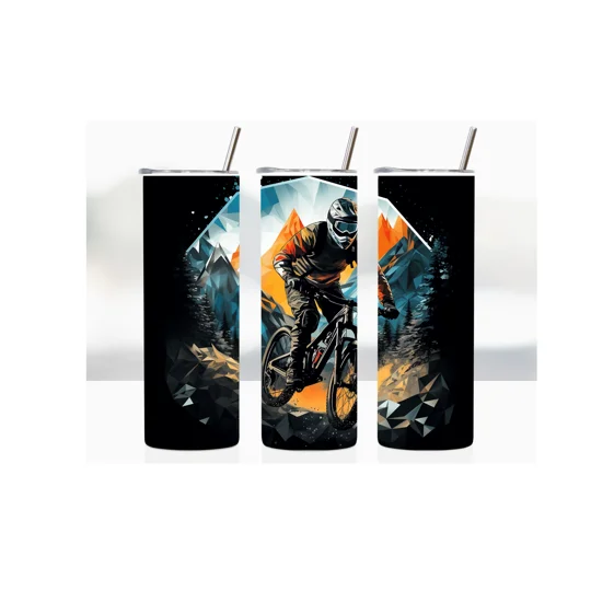 This 20oz tumbler cup features a striking image of a mountain biker in action