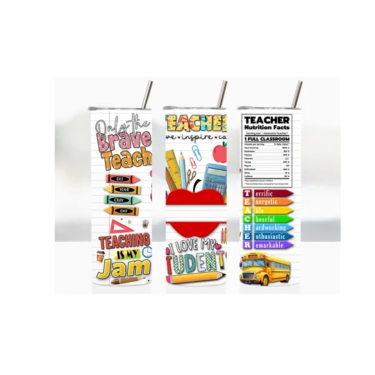 Tumbler Cup - Teacher Affirmation, design shows apple with patch for personalisation, teacher affirmations and pencils crayons also has teacher nutritional facts