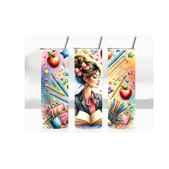 Tumbler Cup - Teacher - design shows lady with dark hair in bun, reading a book, surrounded by pencils and apples etc