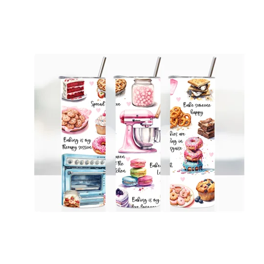 Tumbler Cup - Baking Enthusiast design showing, cakes, mixer, oven
