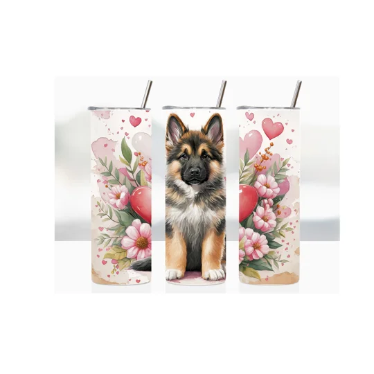 Tumbler Cup Love is a Black and Tan German Shepherd. Shows black and tan german shepherd dog surrounded by flowers and hearts design UK