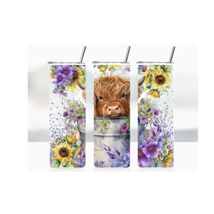 Highland Cow in Bucket with Purple Flowers Highland Cow in Bucket with Purple Flowers