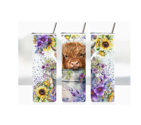 Tumbler cup UK - Highland Cow in Bucket with Purple Flowers