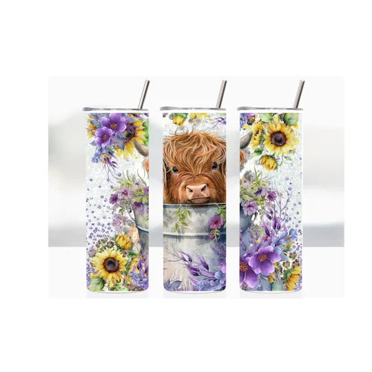 Tumbler cup Highland Cow in Bucket with Purple Flowers design UK