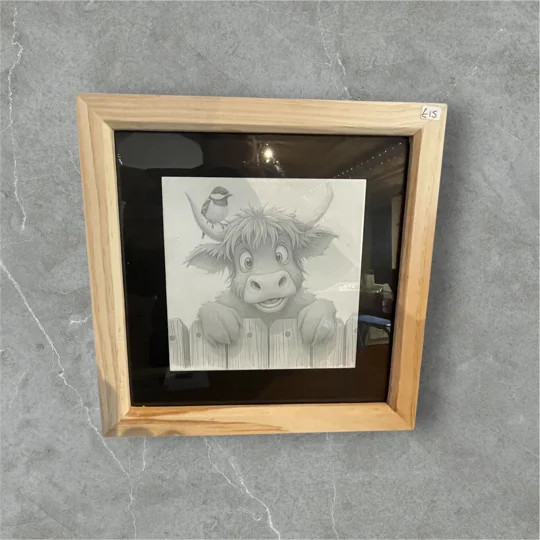 Cute Highland Cow & Bird Framed Engraved Ceramic Tile | Whimsical Farm Animal Decor