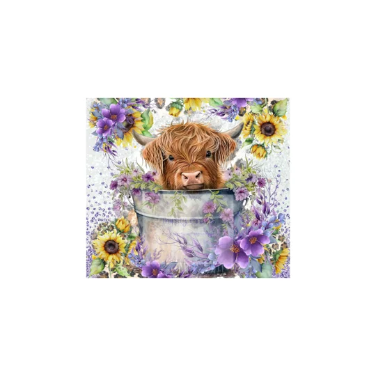 Tumbler cup UK - Highland Cow in Bucket with Purple Flowers