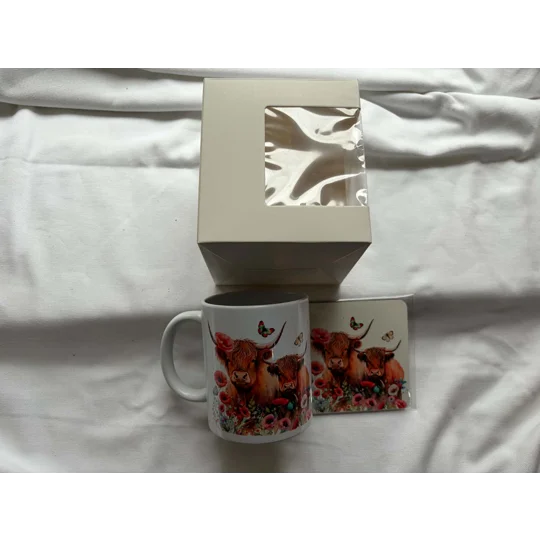 Highland Cow Mug & Coaster Gift Set | Poppy Floral Scottish Cow Gift | Boxed Present