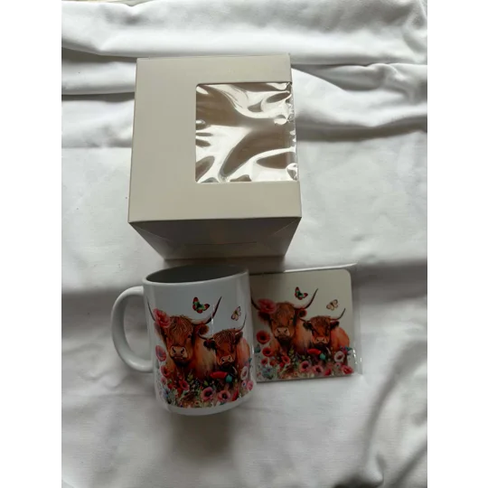 Highland Cow Mug & Coaster Gift Set | Poppy Floral Scottish Cow Gift | Boxed Present