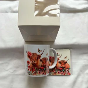 Highland Cow Mug & Coaster Gift Set | Poppy Floral Scottish Cow Gift | Boxed Present