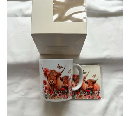 Highland Cow Mug & Coaster Gift Set | Poppy Floral Scottish Cow Gift | Boxed Present