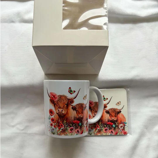 Highland Cow Mug & Coaster Gift Set | Poppy Floral Scottish Cow Gift | Boxed Present