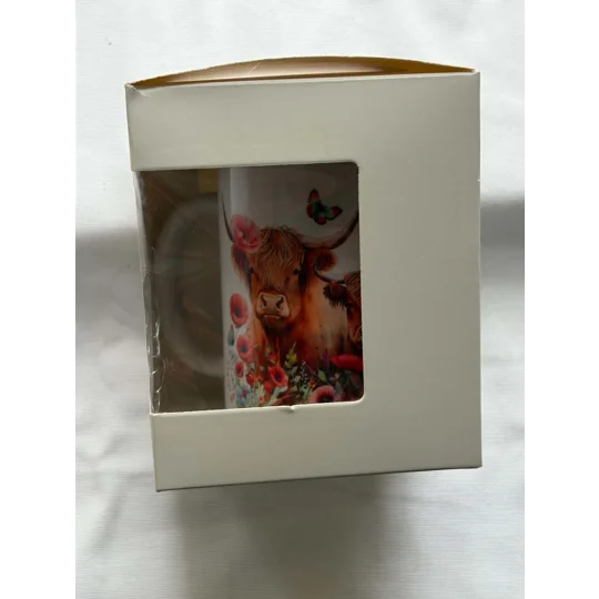 Highland Cow Mug & Coaster Gift Set | Poppy Floral Scottish Cow Gift | Boxed Present