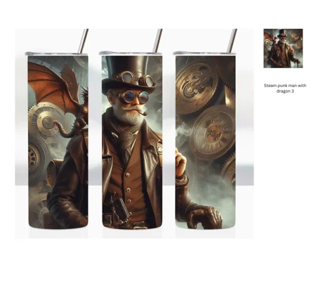 Tumbler Cup UK - Steampunk Man and dragon with clockwork design