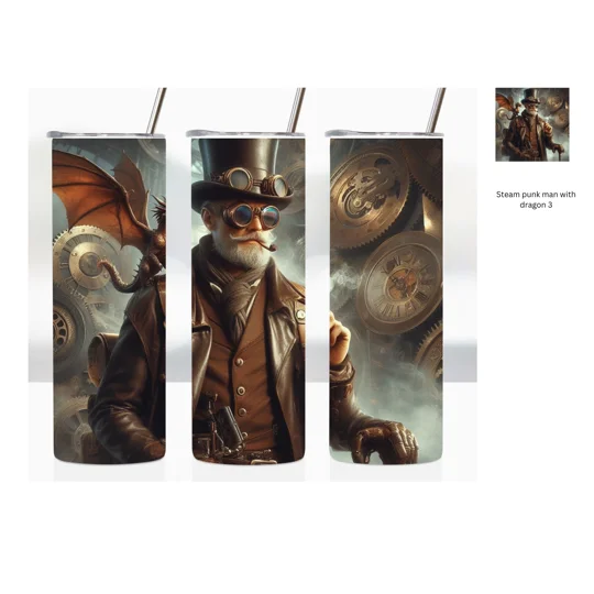 Introducing our captivating Steampunk Man with Dragon and Clockwork design on our 20oz skinny tumbler! This unique and eye-catching image showcases the perfect blend of steampunk aesthetics, mythical creatures, and intricate clockwork details. The steampunk man, adorned in a stylish top hat and goggles, stands confidently alongside a magnificent dragon, both surrounded by mesmerizing gears and cogs