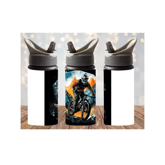 This 20oz tumbler cup features a striking image of a mountain biker in action