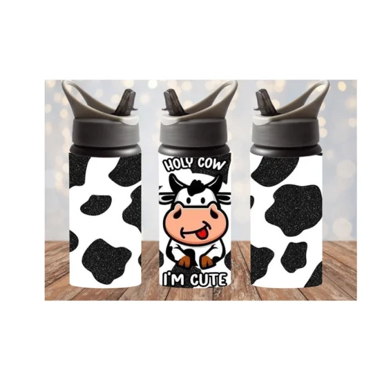 A cartoon cow with a happy expression sticks out its tongue while standing against a background of black‑and‑white cow spots. Above the cow, bold text reads “HOLY COW,” and below it, “I’M CUTE.” The overall design is playful and humorous.