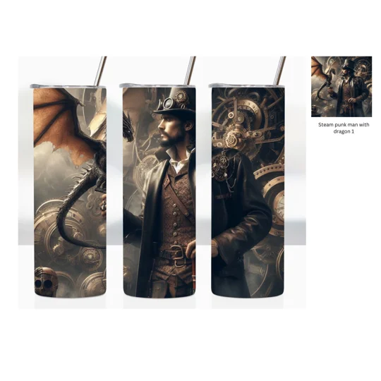 Introducing our unique and captivating Steampunk Man with Dragon 20oz Skinny Tumbler! This stunning tumbler features a mesmerizing design that combines the intricate details of steampunk aesthetics with the mythical allure of a dragon
