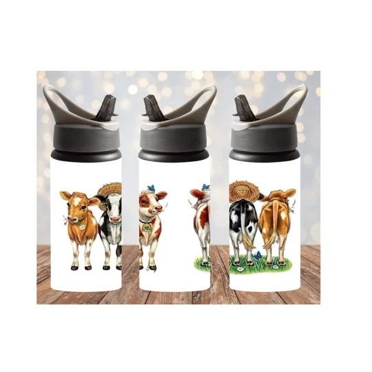 Three cartoon cows shown from the front and back, each with different coat patterns and wearing straw hats with blue ribbons, standing on green grass.