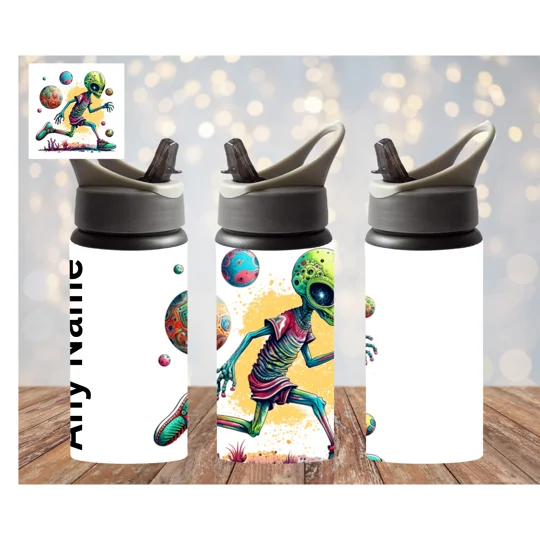A colourful alien with a large green head and big eyes runs energetically across a surface with small plant‑like shapes. It wears a red and green outfit with sneakers. Bright patterned orbs float around it, set against a splashy yellow and white background