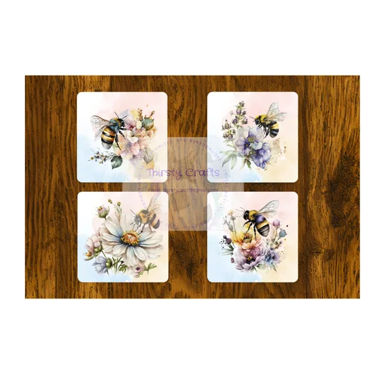 Introducing our exquisite Bumble Bee and Flowers MDF Coasters with Cork Backing, a perfect addition to your home decor.