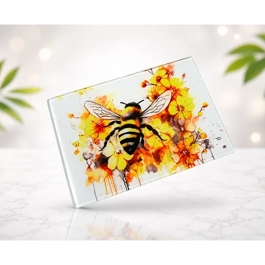 Watercolour Bee Glass Chopping Board UK - Bumblebee Floral Kitchen Worktop Saver - Personalised Gift
