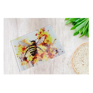 Watercolour Bee Glass Chopping Board UK - Bumblebee Floral Kitchen Worktop Saver - Personalised Gift