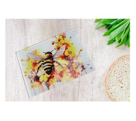 Watercolour Bee Glass Chopping Board UK - Bumblebee Floral Kitchen Worktop Saver - Personalised Gift