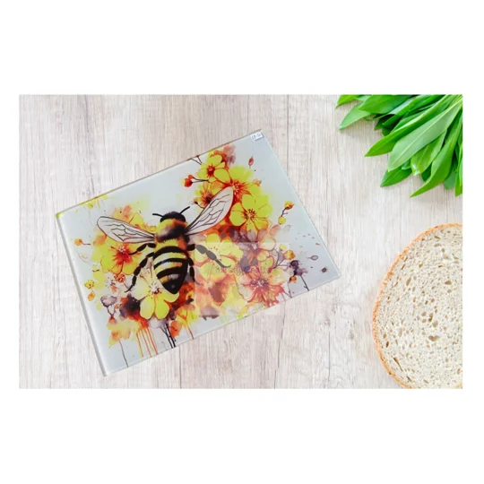 Watercolour Bee Glass Chopping Board UK - Bumblebee Floral Kitchen Worktop Saver - Personalised Gift
