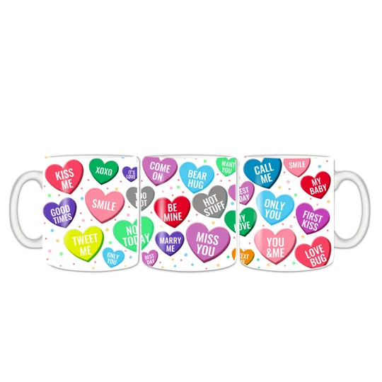 stunning design of Candy hearts in different colors. Each heart is adorned with a unique word of love, adding a touch of sweetness and romance to your beverage experience.