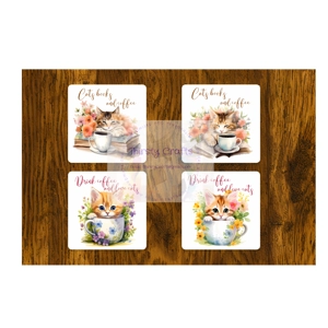 Cats with books Coasters Set of 4 Cats with books Coasters Set of 4